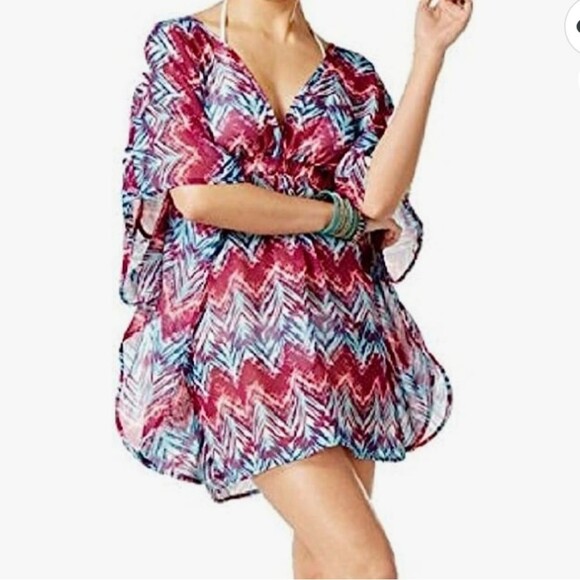 Miken Womens Chevron-Print Cross-Back Poncho Dress Swim Cover-Up - Picture 1 of 7